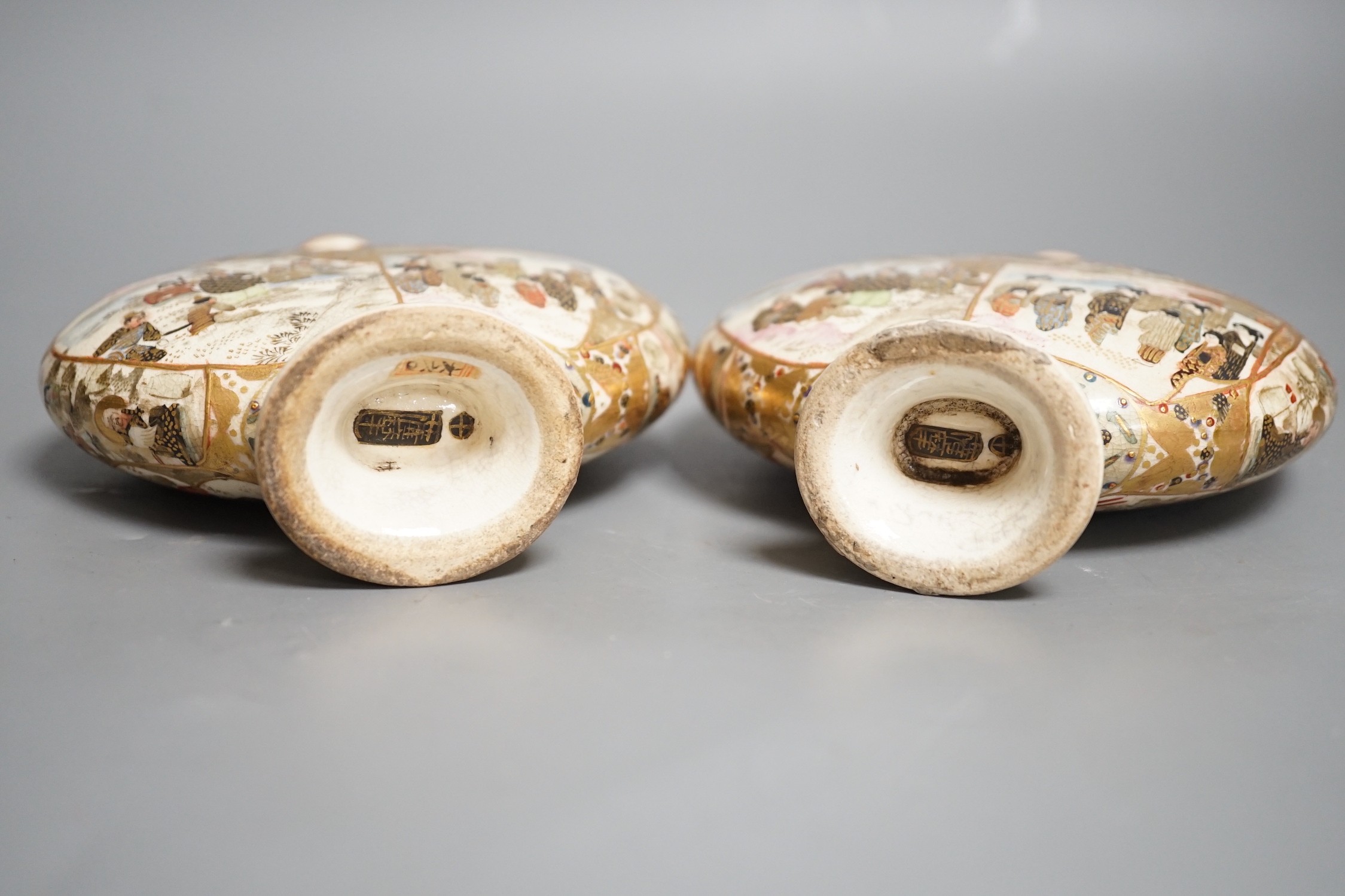 A pair of Japanese Meiji period Satsuma pottery moonflasks, 15.5cms high